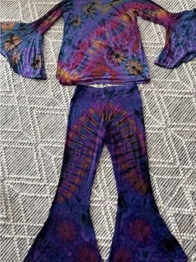 Jayli Purple Tie-Dye Bell Sleeve Top and Flared Pants Set